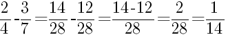 Решение дробей 2/4 минус 3/7
