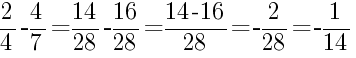 Решение дробей 2/4 минус 4/7