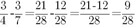 Решение дробей 3/4 минус 3/7